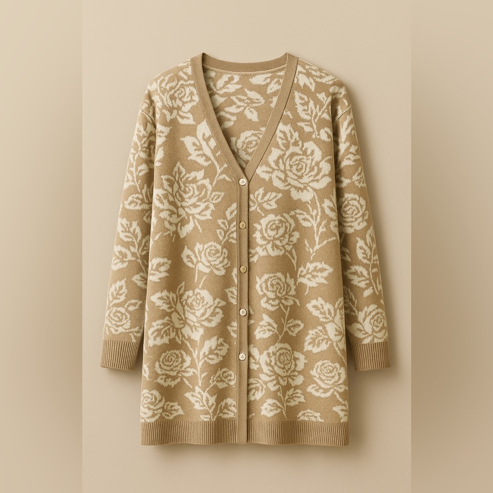 Jacquard Cabbage Rose Boyfriend Cardigan – Warm Neutral Beige Knit GUC XL #704